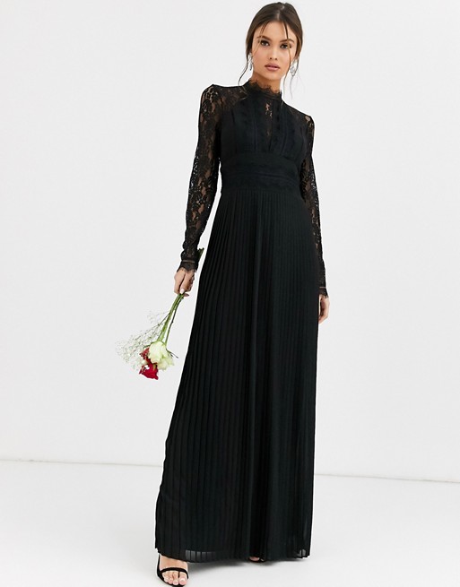 TFNC Bridesmaid high neck long sleeve pleated maxi dress with lace inserts in black