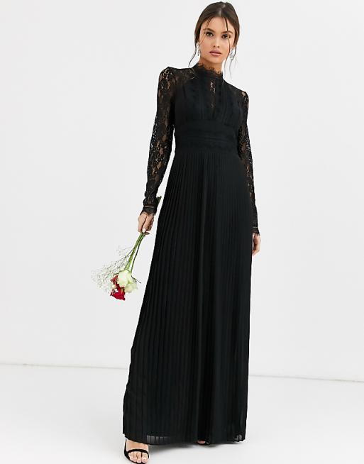 TFNC Bridesmaid high neck long sleeve pleated maxi dress with lace