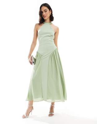 Bridesmaid high neck maxi dress with full skirt in sage green