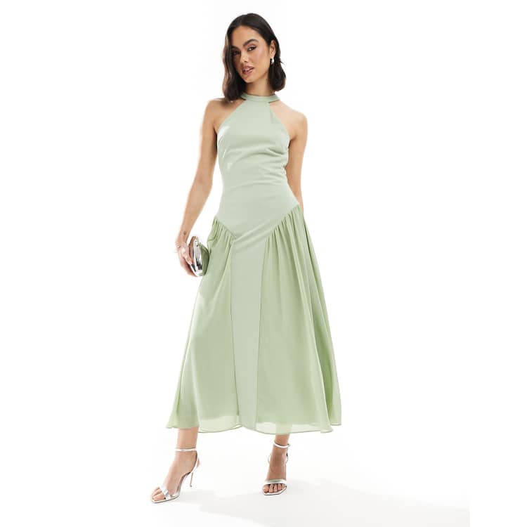TFNC Bridesmaid high neck maxi dress with full skirt in sage green | ASOS