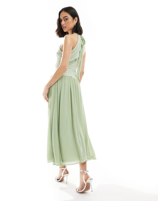TFNC Bridesmaid high neck maxi dress with full skirt in sage green