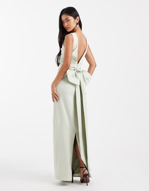 TFNC Bridesmaid bengaline maxi dress with detachable bow back in sage green
