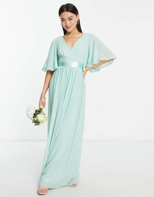 TFNC Bridesmaid kimono sleeve pleated maxi dress with angel sleeve in fresh sage