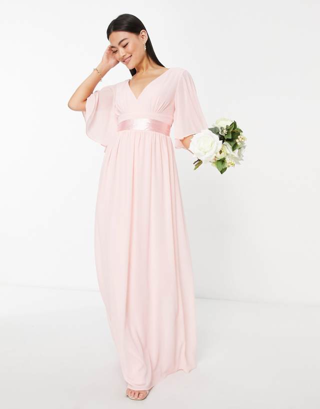 TFNC Bridesmaid kimono sleeve pleated maxi dress with angel sleeve in whisper pink