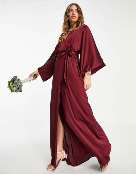 TFNC Bridesmaid kimono sleeve satin wrap maxi dress in berry - view 1