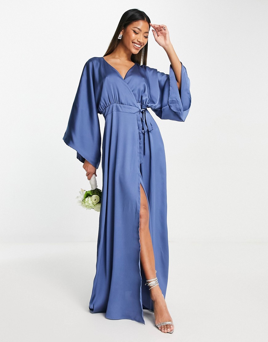 TFNC Bridesmaid kimono sleeve satin wrap maxi dress in dusky blue