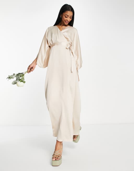 TFNC Bridesmaid kimono sleeve satin wrap maxi dress in mink | ASOS