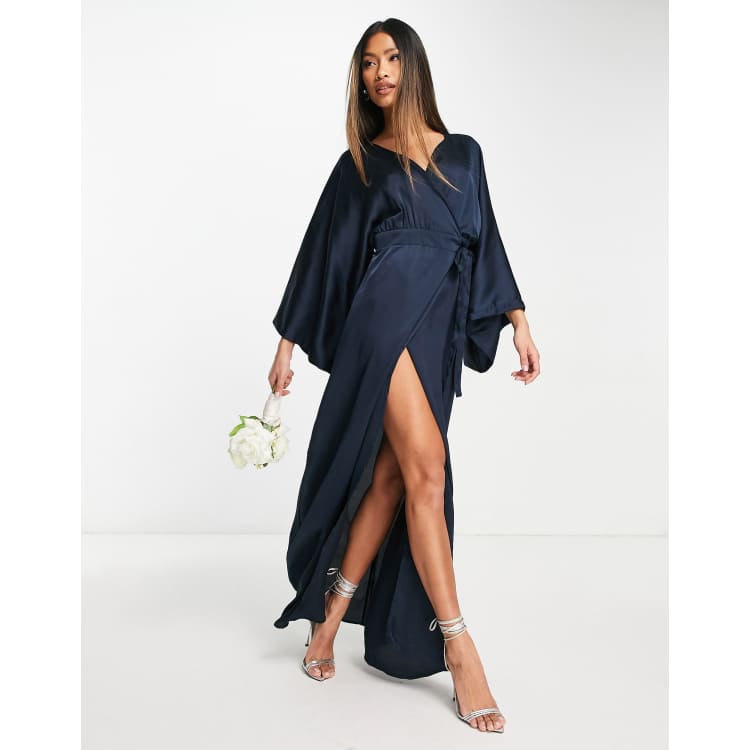 Standards & Practices Modern Women's Navy Woven Chiffon Kimono Wrap Maxi  Dress