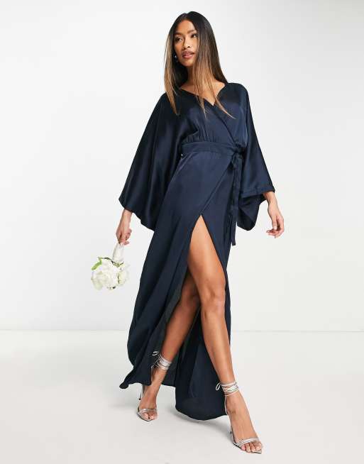 Maxi Long Sleeve Satin Wrap Dress - Navy, US18 – UME London