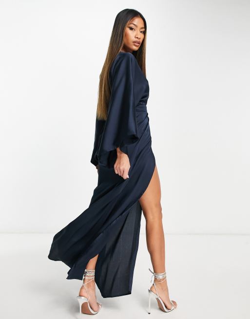 TFNC Bridesmaid kimono sleeve satin wrap maxi dress in navy