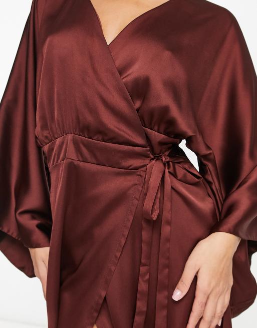 TFNC Bridesmaid kimono sleeve satin wrap maxi dress in terracotta, 3 of 4