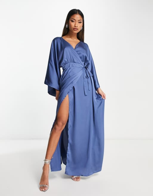 blue kimono sleeve dress Kimono Sleeve Hawaiian Dress With Slit Design