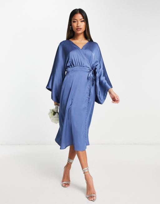 TFNC Bridesmaid kimono sleeve satin wrap midi dress in dusky blue | ASOS