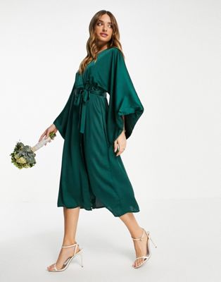 TFNC Bridesmaid kimono sleeve satin wrap midi dress in emerald green