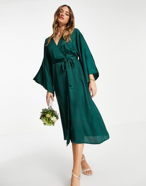 TFNC Bridesmaid kimono sleeve satin wrap midi dress in emerald