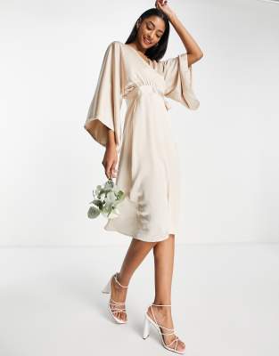 Bridesmaid kimono sleeve satin wrap midi dress in mink-Pink