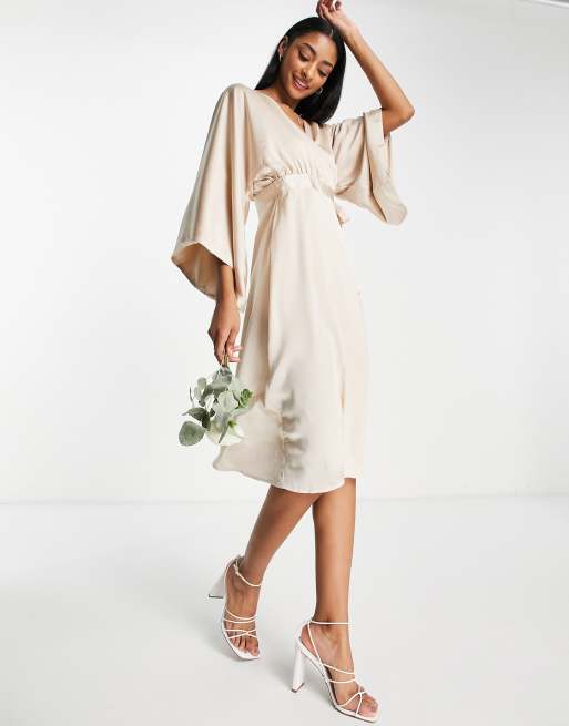 TFNC Bridesmaid kimono sleeve satin wrap midi dress in mink ASOS