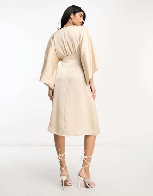 TFNC Bridesmaid kimono sleeve satin wrap midi dress in mink, 2 of 4