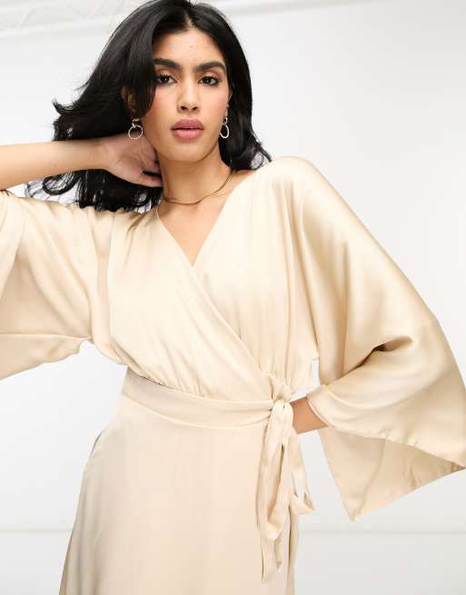 TFNC Bridesmaid kimono sleeve satin wrap midi dress in mink, 3 of 4