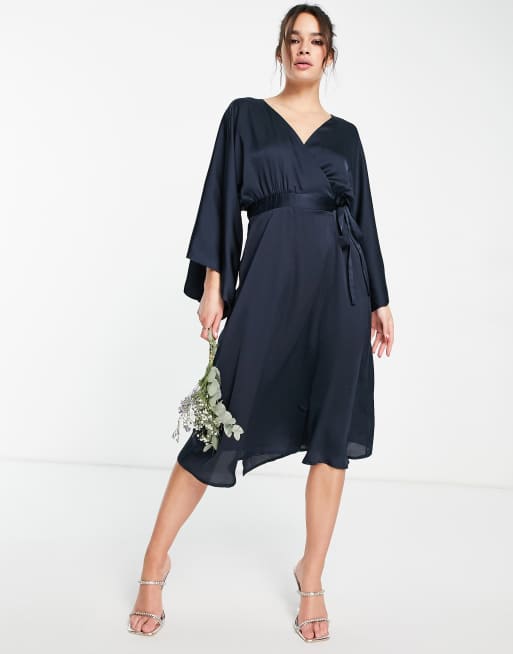 Tfnc Bridesmaid Kimono Sleeve Satin Wrap Midi Dress In Navy Asos 1353