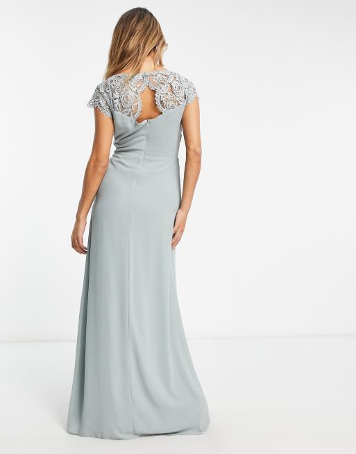 TFNC Bridesmaid lace back maxi dress in sage green