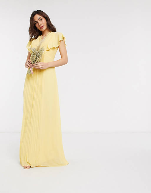 TFNC bridesmaid lace detail maxi dress with flutter sleeve in lemon