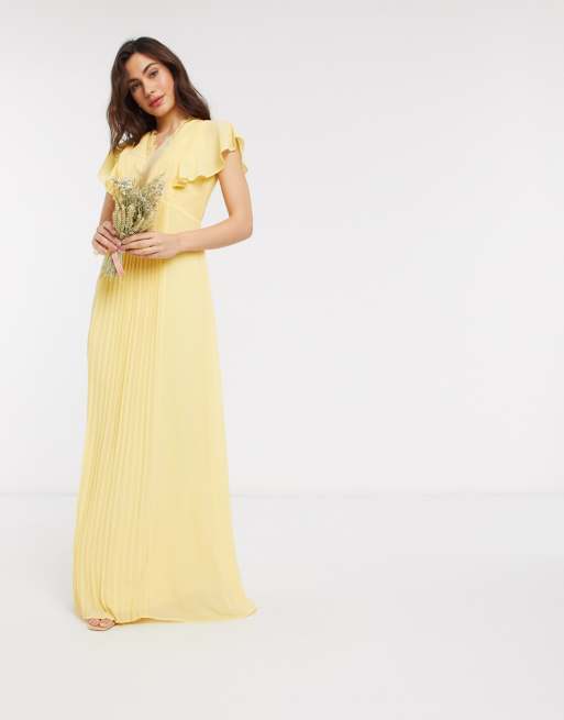 Tfnc Bridesmaid Lace Detail Maxi Dress With Flutter Sleeve In Lemon Asos