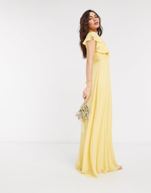 TFNC bridesmaid lace detail maxi dress with flutter sleeve in lemon