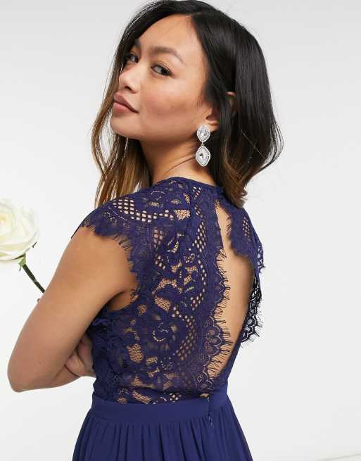 TFNC bridesmaid lace open back maxi dress in navy