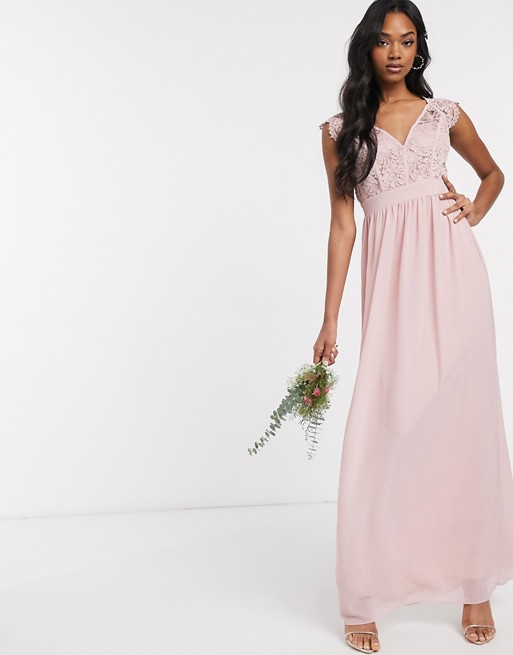 TFNC Bridesmaid lace plunge maxi dress with scaloped back in pink