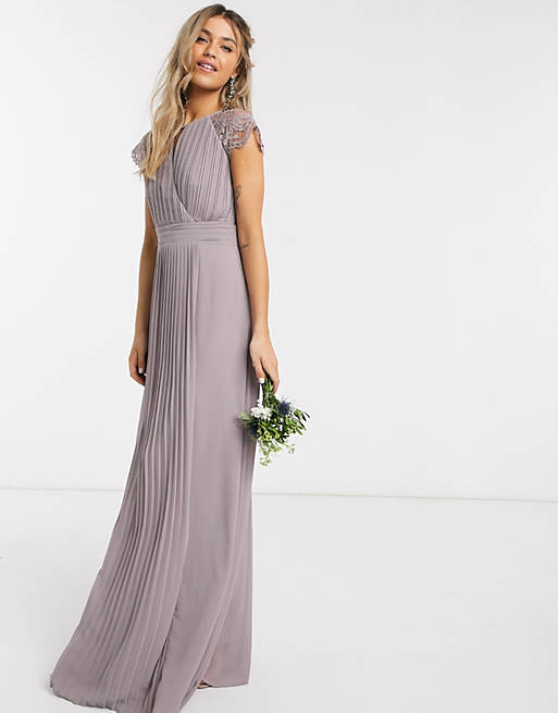 TFNC bridesmaid lace sleeve maxi dress in grey