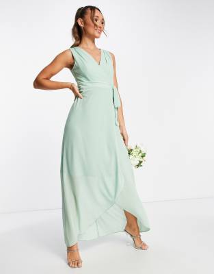 TFNC - Bridesmaid - Langes Brautjungfern-Wickelkleid aus Chiffon in Salbeigrün-Braun