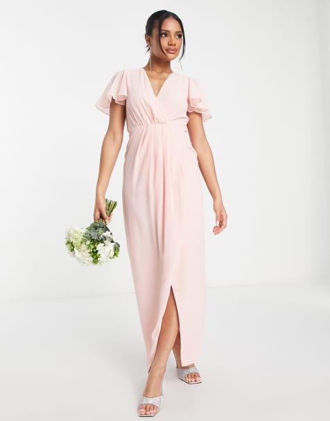 TFNC – Bridesmaid – Langes Brautjungfernkleid aus zartrosa Chiffon mit Flatterärmeln und gewickelter Vorderseite - view 1