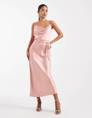 Tfnc Bridesmaid Letty Satin Cami Tie Waist Midaxi Dress In Pink