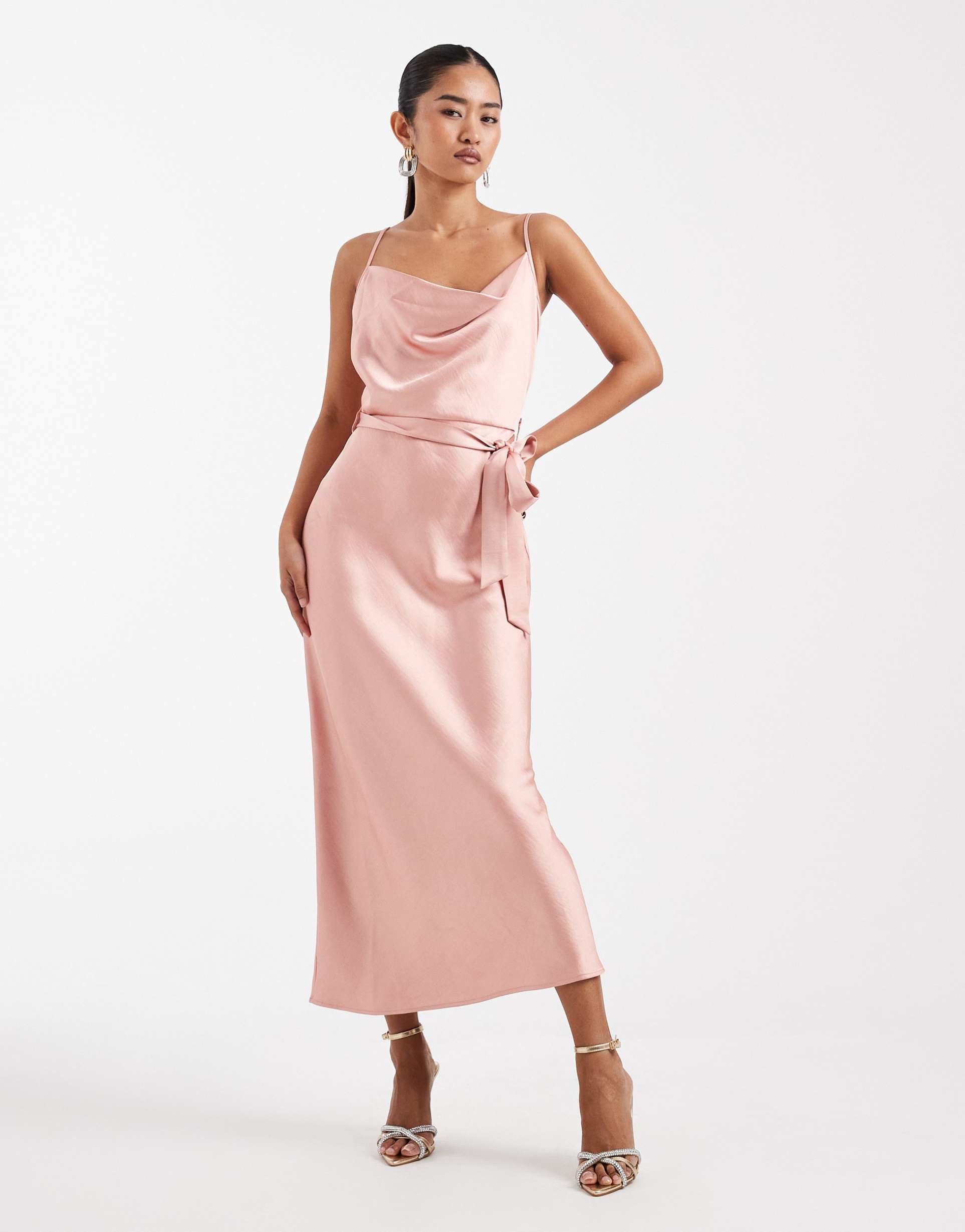 tfnc bridesmaid letty satin cami tie waist midaxi dress in pink