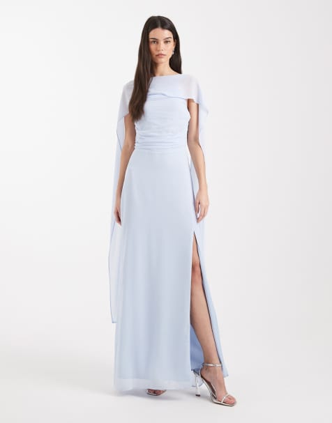 TFNC Bridesmaid chiffon cape side split maxi dress in blue