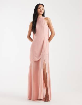 Tfnc Bridesmaid Livana Chiffon Maxi Dress With Sheer Skirt And Scarf Detail In Pink
