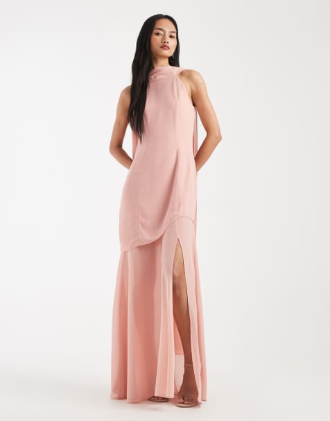 TFNC Bridesmaid Livana chiffon maxi dress with sheer skirt and scarf detail in pretty pink - view 1