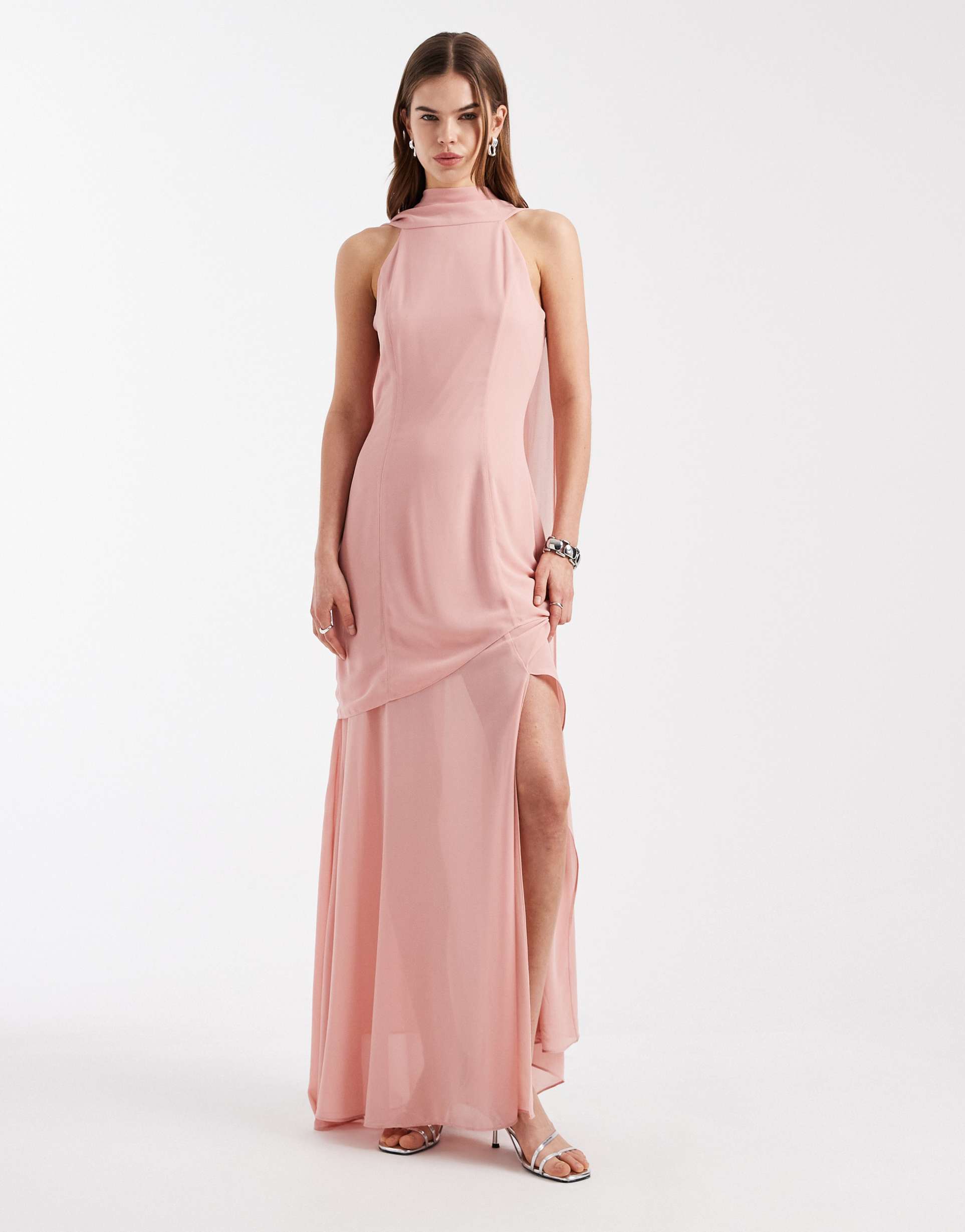 tfnc bridesmaid livana chiffon maxi dress with sheer skirt and scarf detail in pretty pink