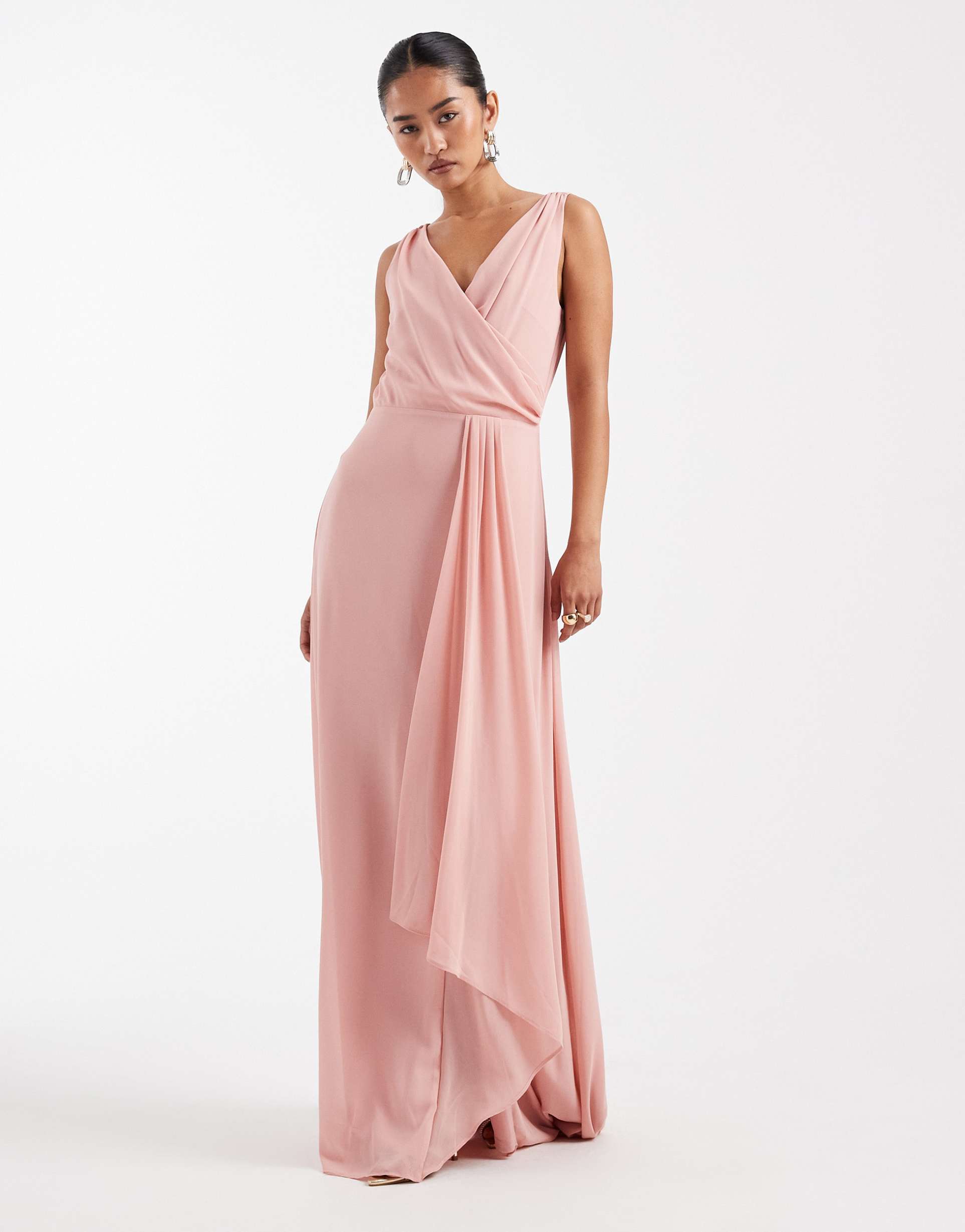 tfnc bridesmaid livana chiffon sheer cape detail maxi dress with sheer skirt in pink