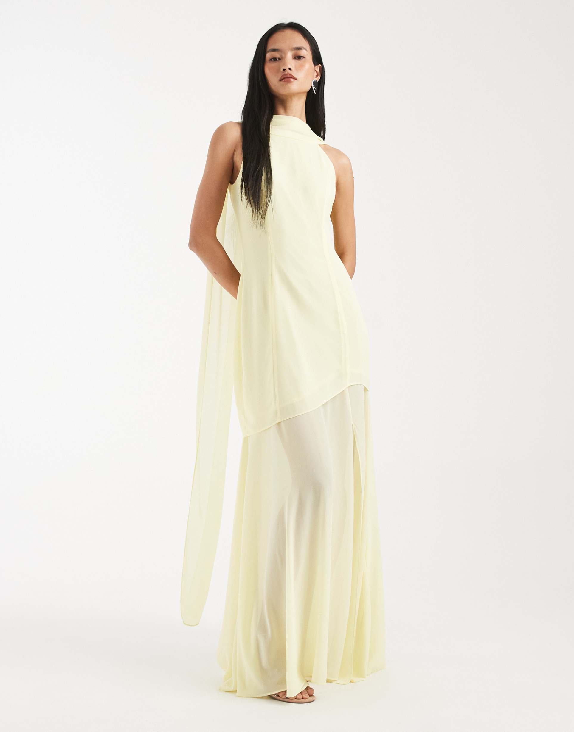 tfnc bridesmaid livana chiffon sheer scarf detail maxi dress with sheer skirt in butter lemon
