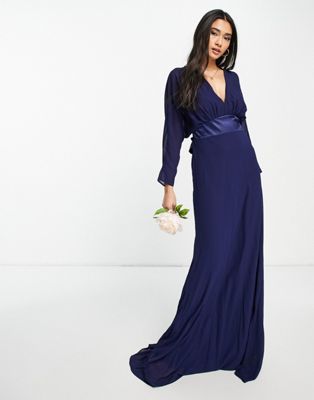 TFNC Bridesmaid long sheer sleeve maxi dress with bow back detail in navy - ASOS Price Checker