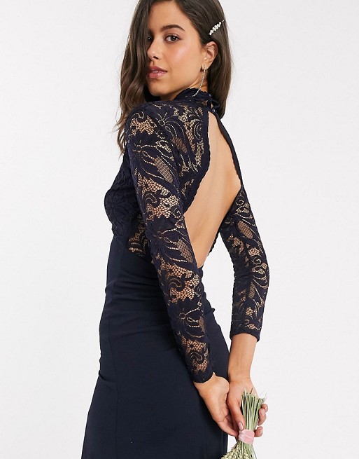 TFNC Bridesmaid long sleeve lace scallopd maxi with ruched back in navy