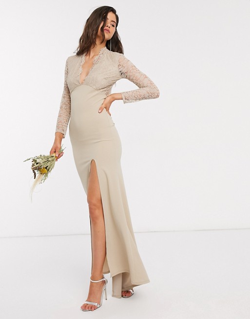 TFNC Bridesmaid long sleeve lace scalloped maxi with ruched back in sand