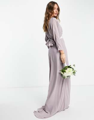 TFNC Bridesmaid long sleeve maxi dress with bow back in lavender gray