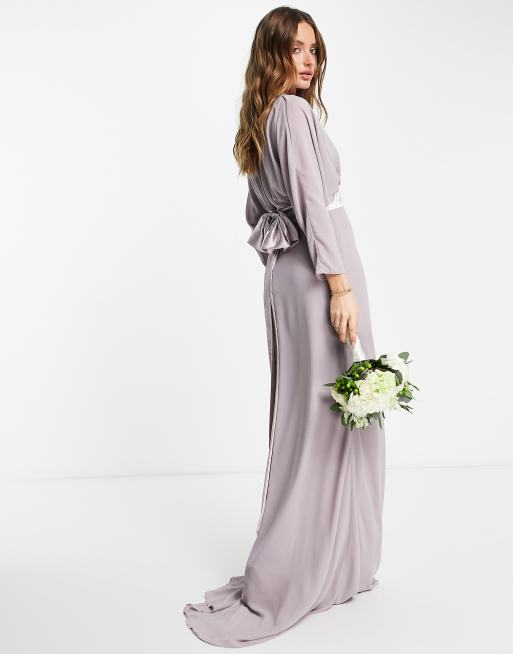 TFNC Bridesmaid long sleeve maxi dress with bow back in lavender grey