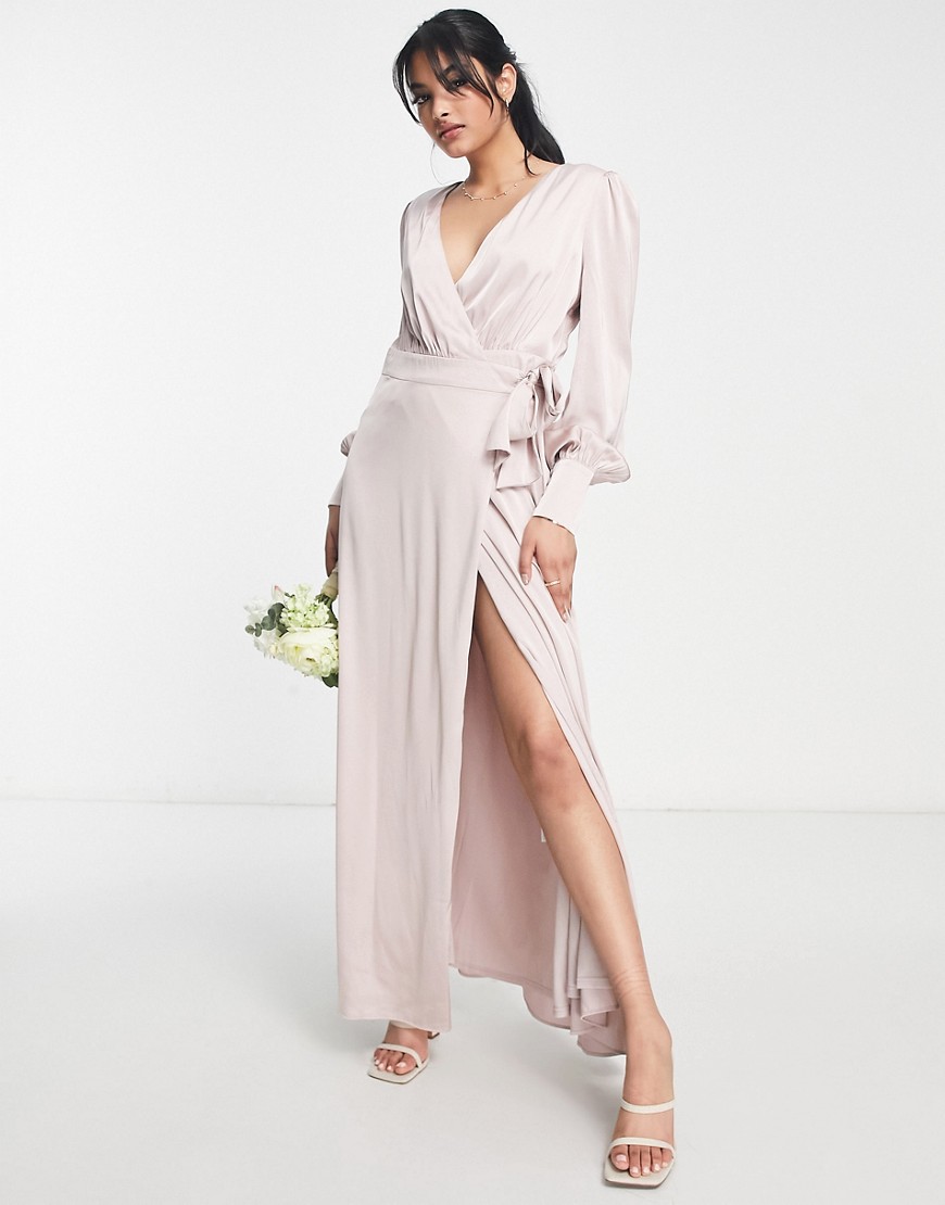 TFNC Bridesmaid long sleeve satin maxi dress in mink pink