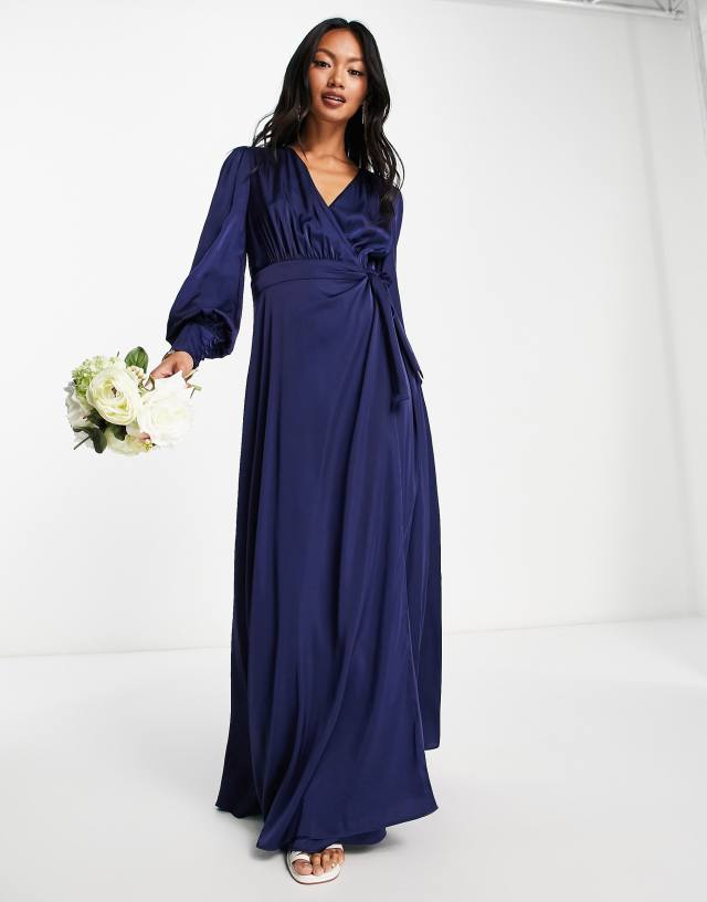 TFNC - bridesmaid long sleeve satin maxi dress in navy blue