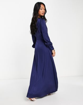 TFNC Bridesmaid long sleeve satin maxi dress in navy blue | ASOS