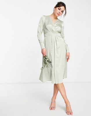 Tfnc Bridesmaid Long Sleeve Satin Wrap Dress In Sage Green-orange